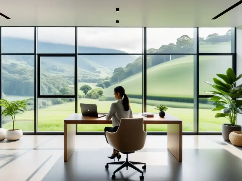 Oficina moderna con vista a la naturaleza, fomentando la resiliencia emocional y el sistema inmunológico