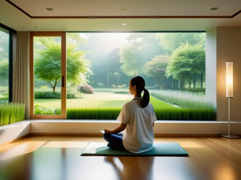 Un paciente medita en una habitación hospitalaria moderna con vistas a un jardín, destacando los beneficios de la meditación en inmunidad