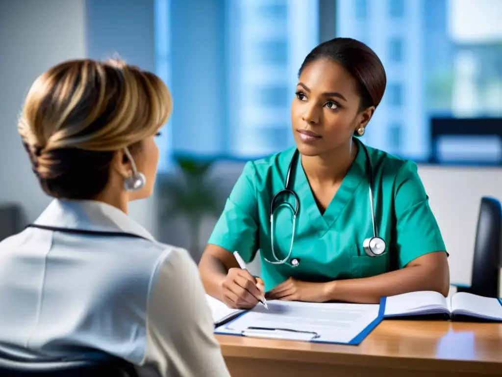 Un paciente y un médico tienen una conversación enfocada en una oficina limpia y moderna