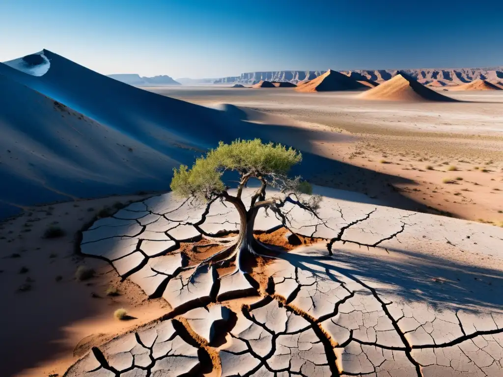 Un paisaje árido y desolado con tierra agrietada y un árbol marchito