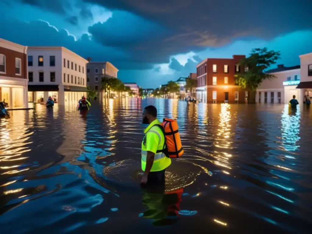 Un paisaje urbano sumergido en aguas de inundación, con personas caminando entre calles, reflejando luces de la ciudad