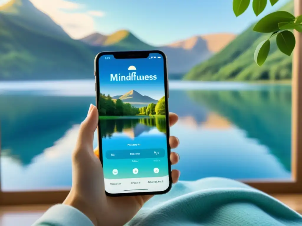 Una pantalla de smartphone muestra una app de salud mental inmunológica con escena de naturaleza serena y ambiente relajante