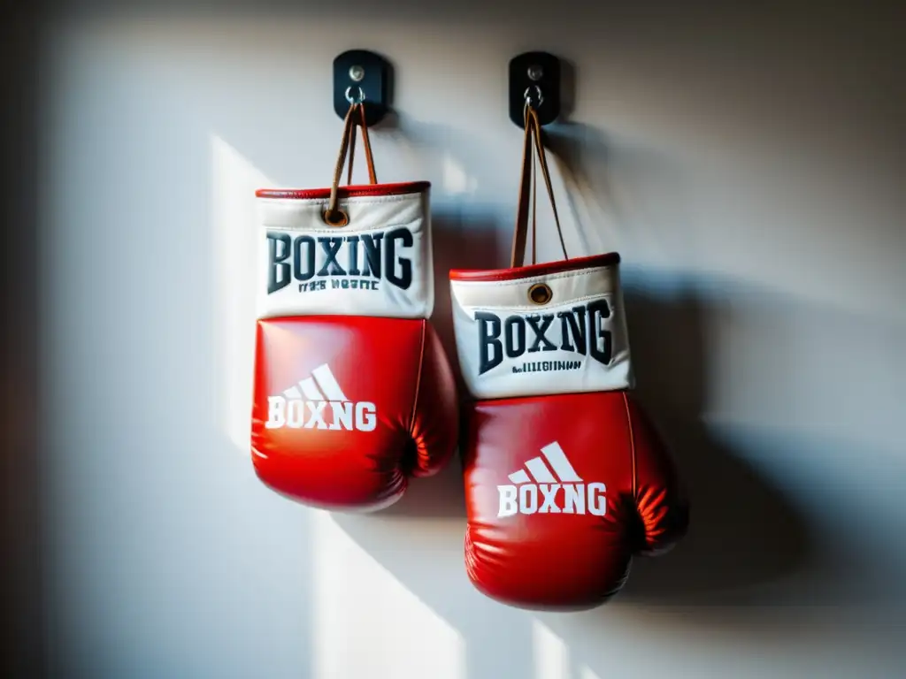 Un par de guantes de boxeo blancos con letras rojas colgados en un moderno soporte de pared, bañados por luz natural