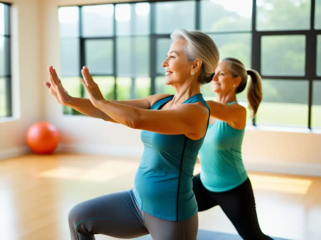 Una pareja de adultos mayores participa en una clase de fitness para mayores, practicando suaves poses de yoga