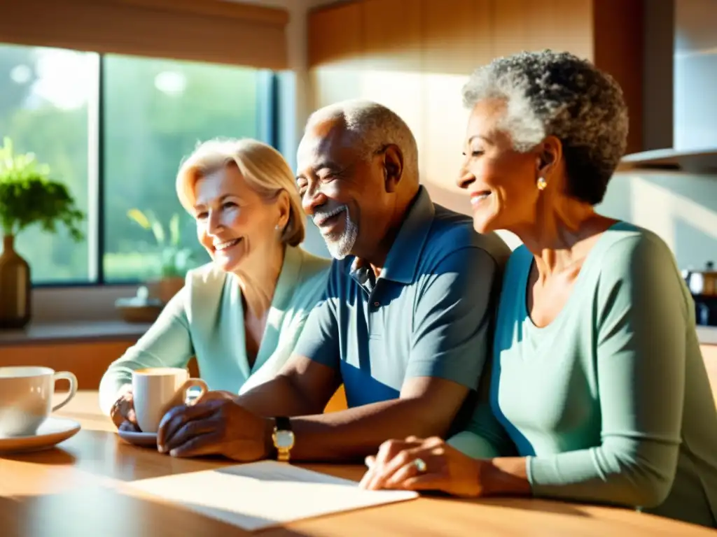 Una pareja de ancianos disfruta de la mañana en su cocina moderna y soleada, revisando documentos de seguros de salud para mayores de 50 mientras toman café