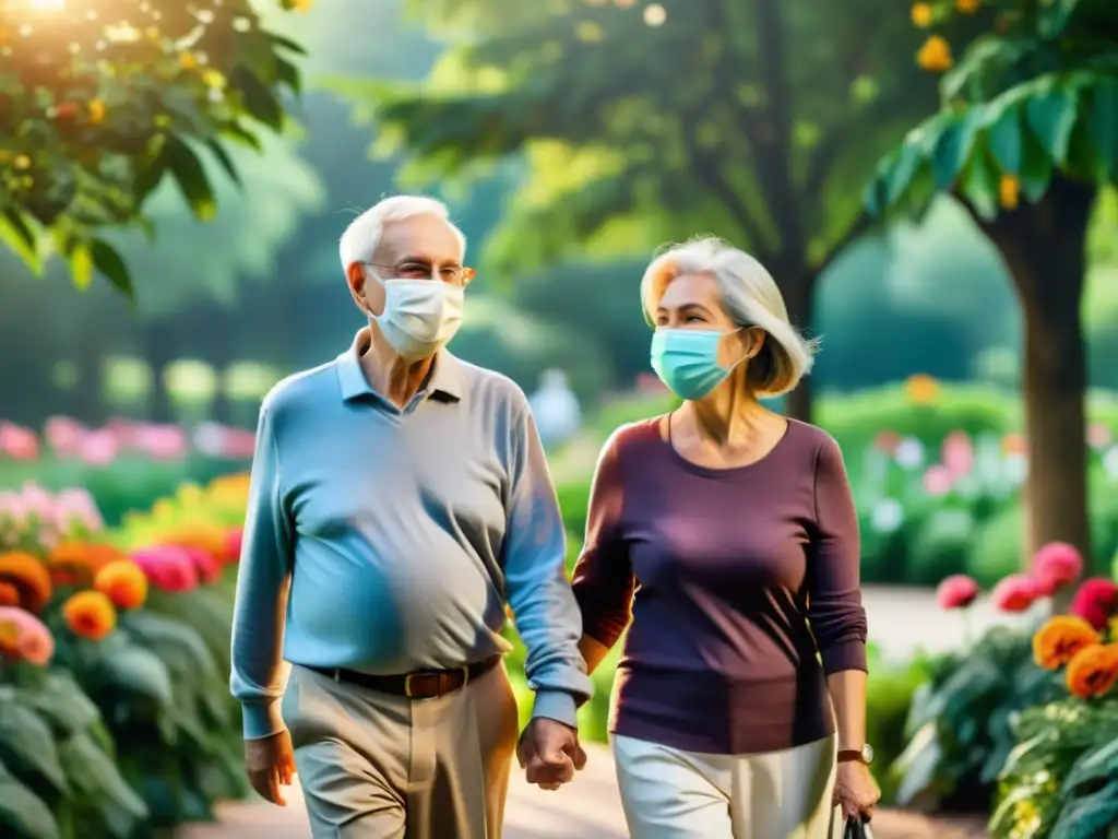 Una pareja de ancianos usando mascarillas mientras pasea por un parque lleno de flores y vegetación exuberante