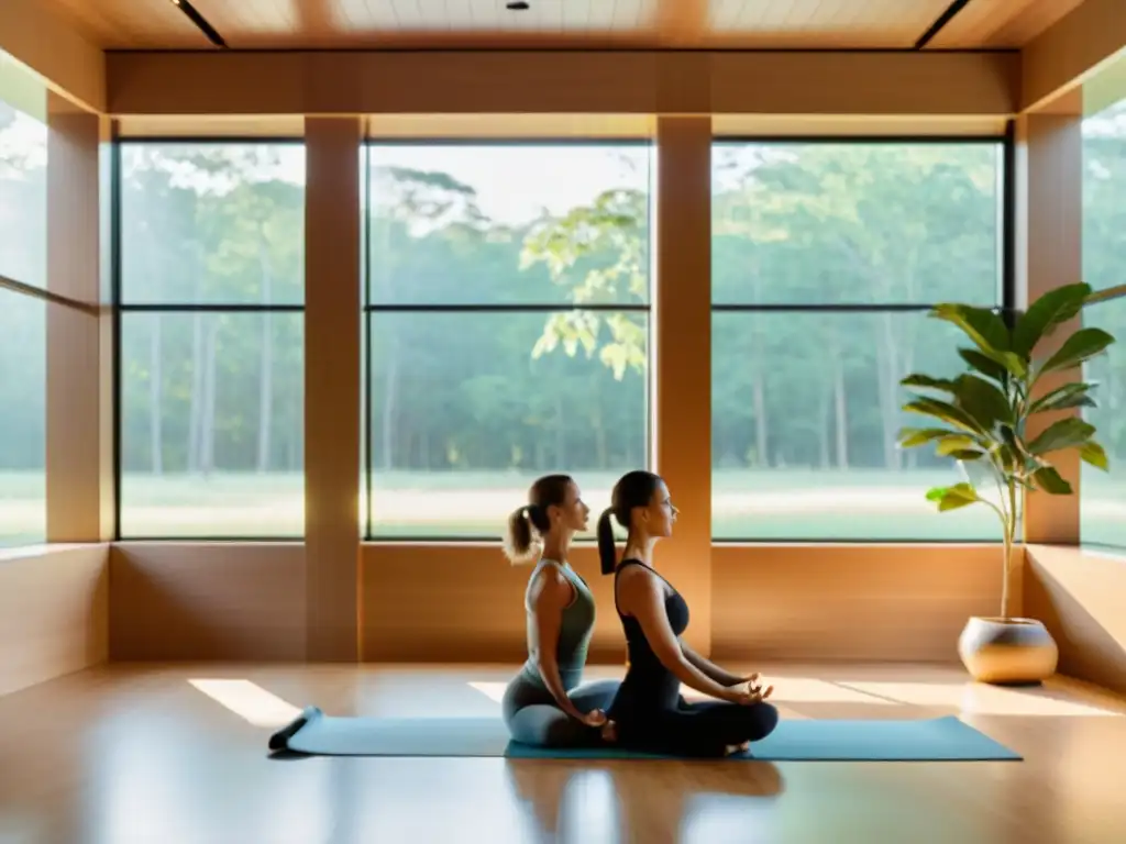 Una pareja practica yoga en un estudio sereno con abundante luz natural