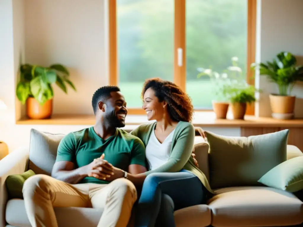 Una pareja feliz y relajada disfruta de una íntima conversación en casa