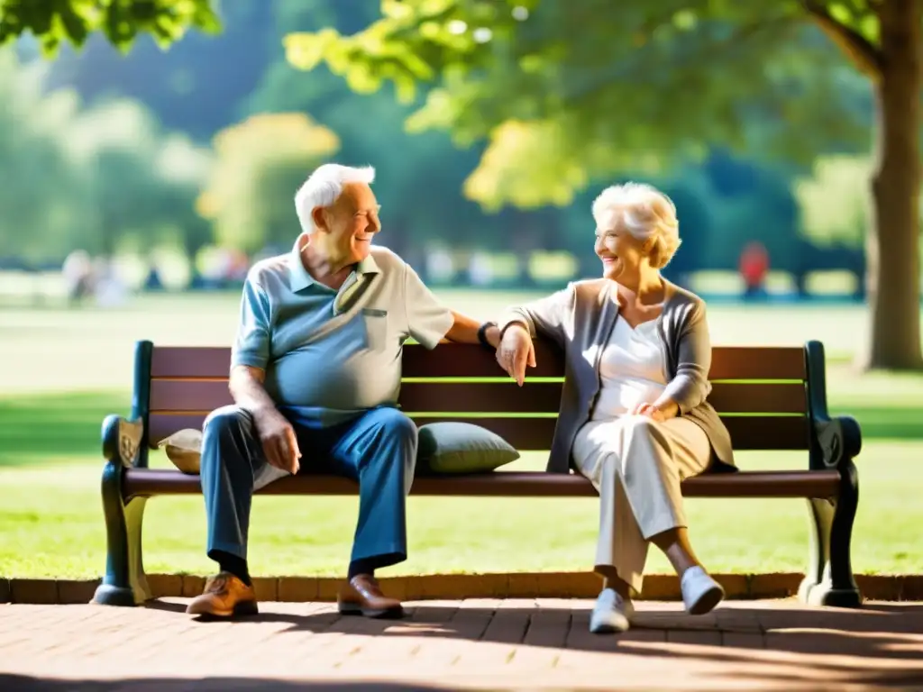 Una pareja de ancianos sonríe y se toma de las manos en un banco del parque, bajo la luz del sol