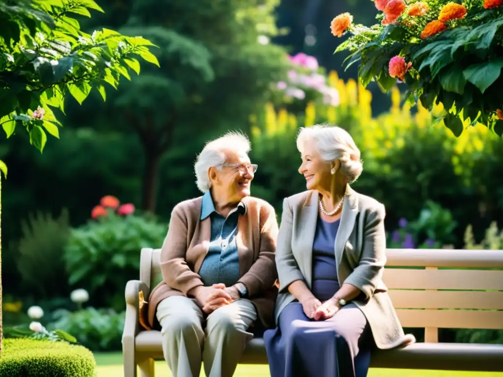 Una pareja mayor disfruta de la serenidad del jardín, transmitiendo tranquilidad y bienestar, con seguros de salud para mayores de 50