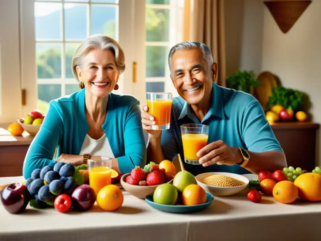 Una pareja mayor sonríe mientras disfruta de una mesa llena de alimentos coloridos y nutritivos, brindando con jugo recién exprimido para su nutrición y sistema inmunológico en la vejez