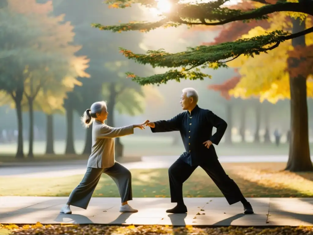 Una pareja mayor practica tai chi al amanecer en un parque sereno, fortaleciendo el sistema inmunológico a través del ejercicio en la tercera edad