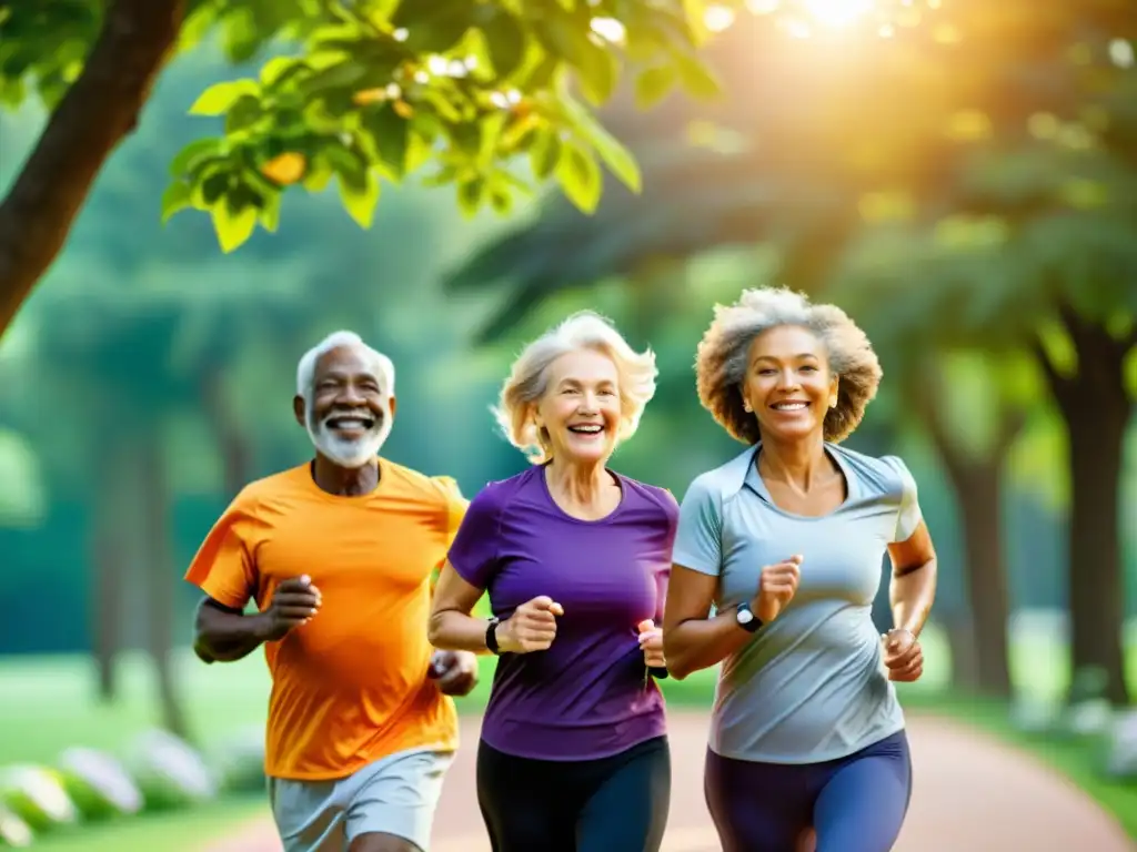 Una pareja mayor sonriente corre en un parque vibrante, rodeados de naturaleza y otros adultos mayores activos