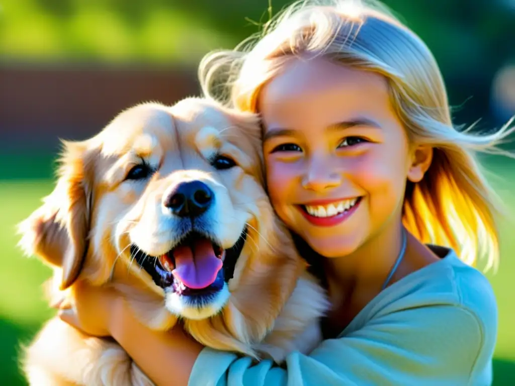 Niño abraza alegremente a un golden retriever en un parque soleado, fortaleciendo el sistema inmunológico