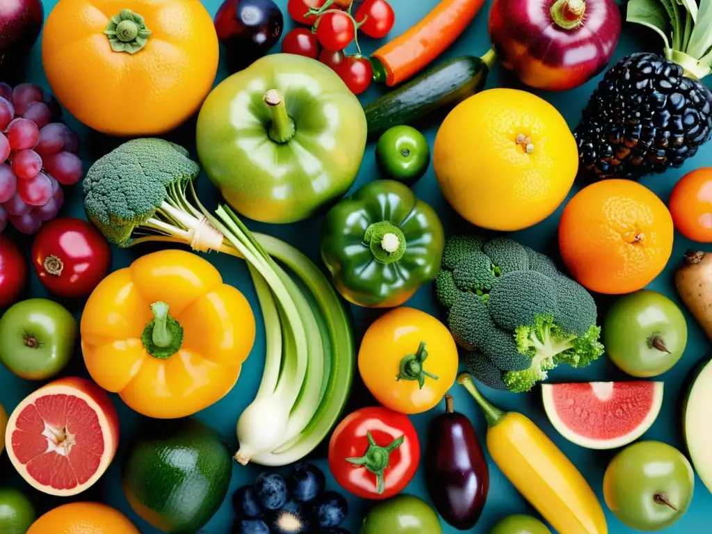 Un patrón visualmente impactante de frutas y verduras frescas que evoca salud y diversidad nutricional para mejorar la respuesta inmunitaria