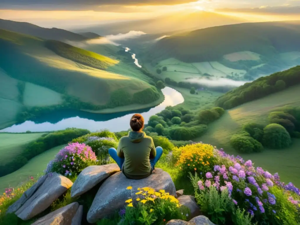 Persona meditando en acantilado al amanecer con paisaje tranquilo y apps de meditación para sistema inmunológico