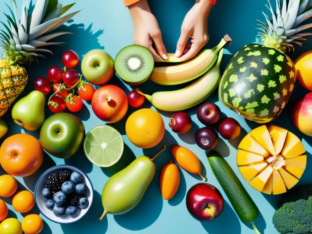 Persona activa disfrutando de hábitos saludables, rodeada de frutas y vegetales, ejercitándose al aire libre y descansando en un entorno sereno