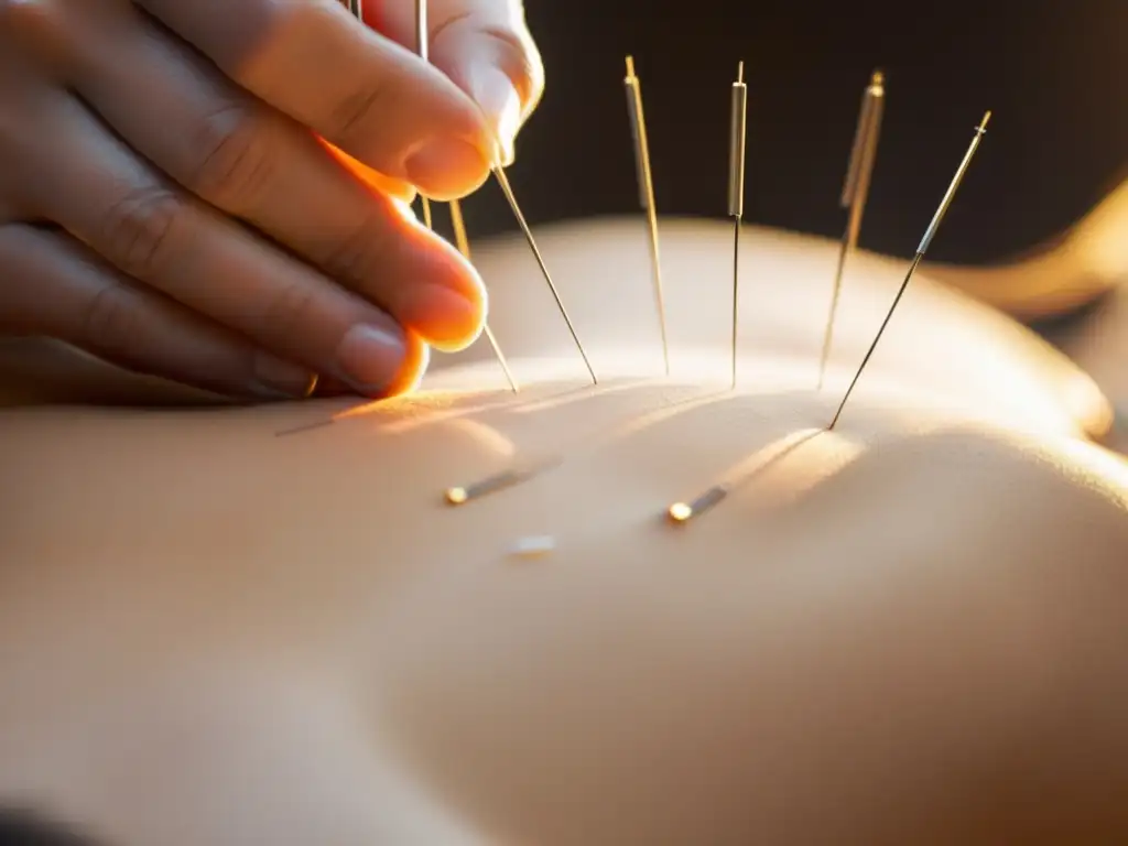 Persona recibiendo acupuntura para fortalecer sistema inmunológico, con agujas alineadas en espalda y brazos, en ambiente profesional y sereno