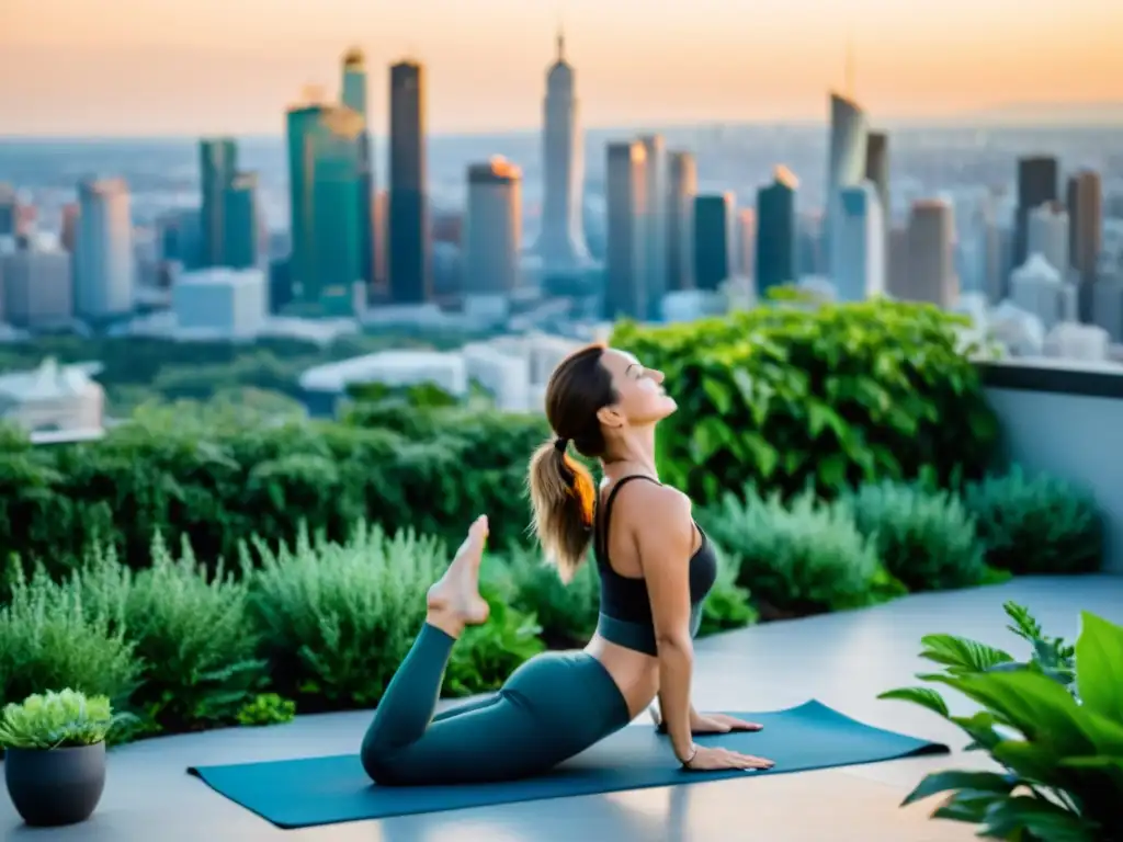 Una persona practica yoga al aire libre en la azotea, rodeada de plantas verdes y con vista a la ciudad