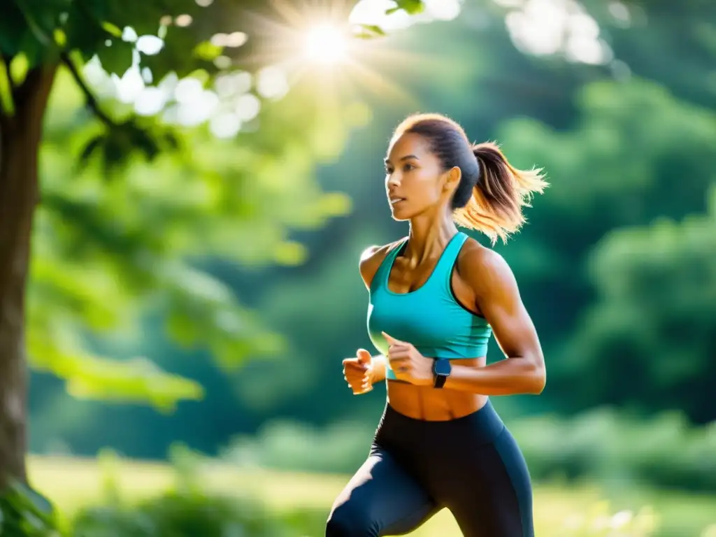 Actividades al aire libre para fortalecer el sistema inmunológico Una persona ejercitándose al aire libre en un entorno natural, rodeada de vegetación vibrante y luz solar
