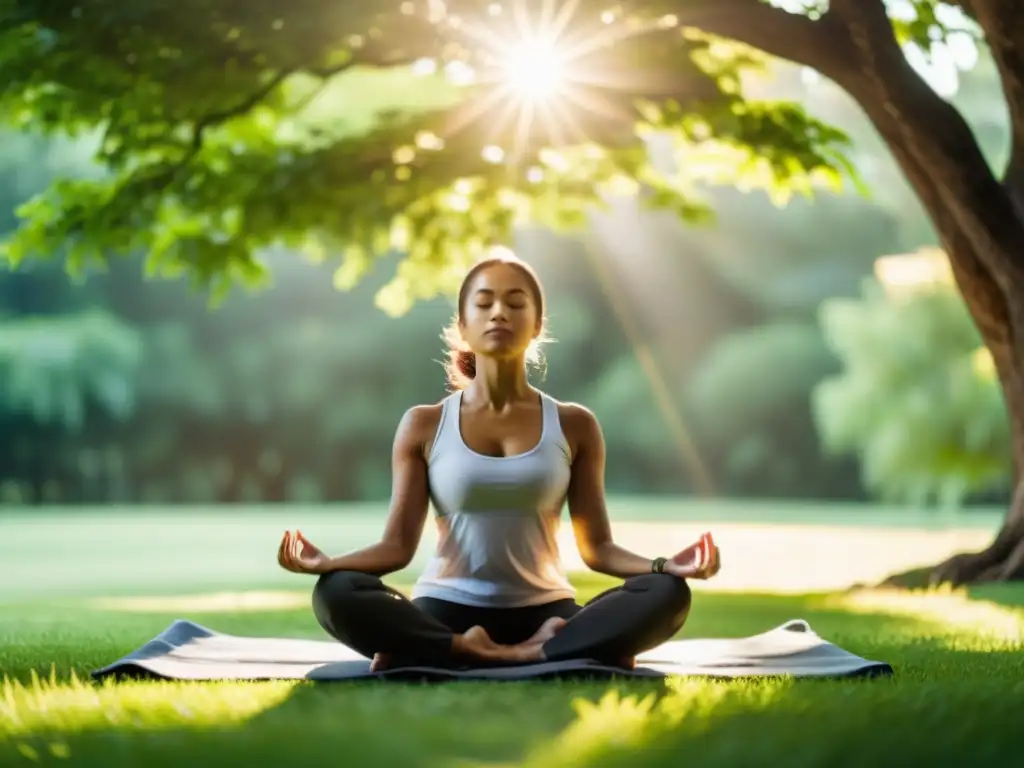 Persona meditando al aire libre, rodeada de naturaleza, con la luz matutina creando un ambiente tranquilo y sereno