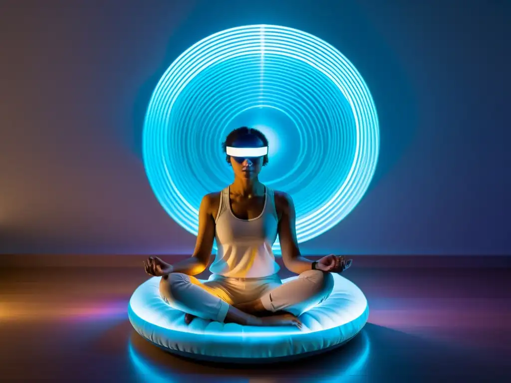 Persona meditando en ambiente futurista con tecnología y tranquilidad, demostrando beneficios de la meditación para el sistema inmunológico