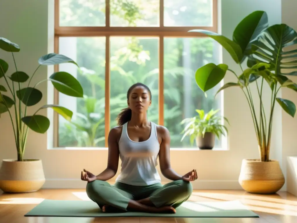 Persona meditando en ambiente luminoso con plantas, transmitiendo calma y fortaleza