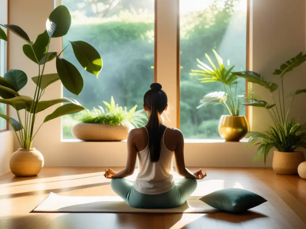 Persona meditando en un ambiente luminoso y sereno, rodeada de plantas y con vistas a la naturaleza