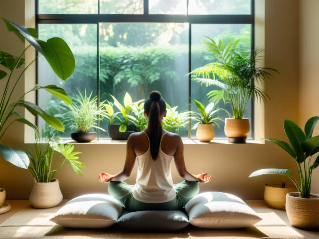 Persona meditando en un ambiente sereno y luminoso, rodeada de plantas