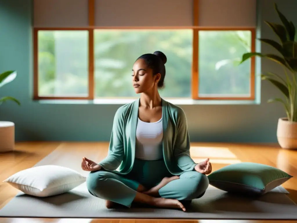 Persona meditando en un ambiente sereno con luz natural, ideal para las mejores apps de meditación mindfulness