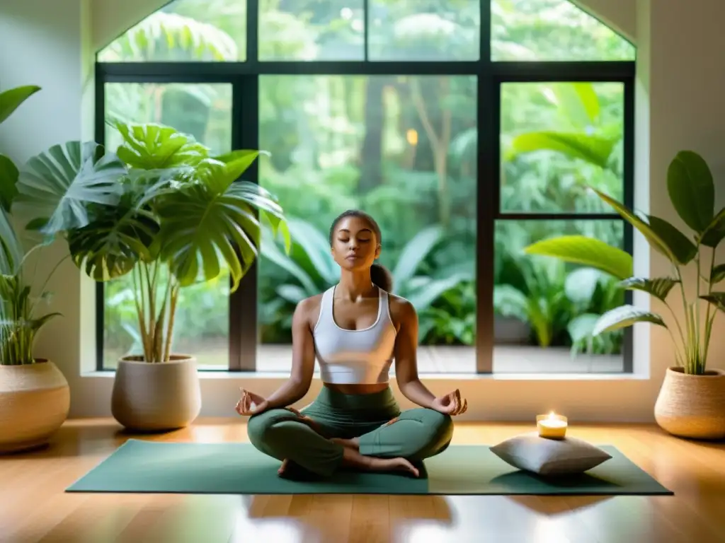 Persona meditando en un ambiente sereno y minimalista, rodeada de plantas, en una habitación que fomenta la calma y el bienestar