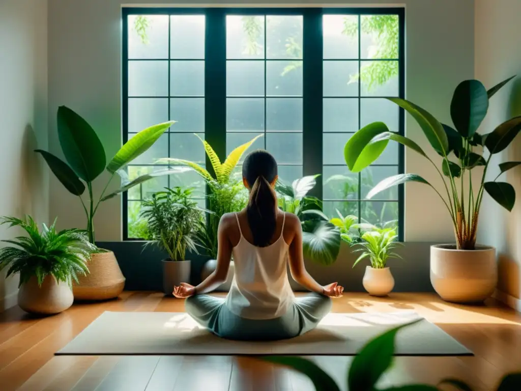 Persona meditando en un ambiente sereno y minimalista, promoviendo el sistema inmunológico y mindfulness