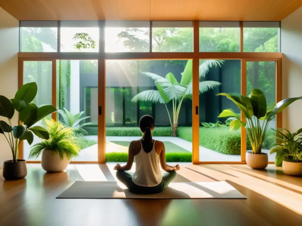 Persona meditando en un ambiente sereno con plantas verdes grandes y luz solar, aplicando técnicas de meditación para fortalecer sistema inmune