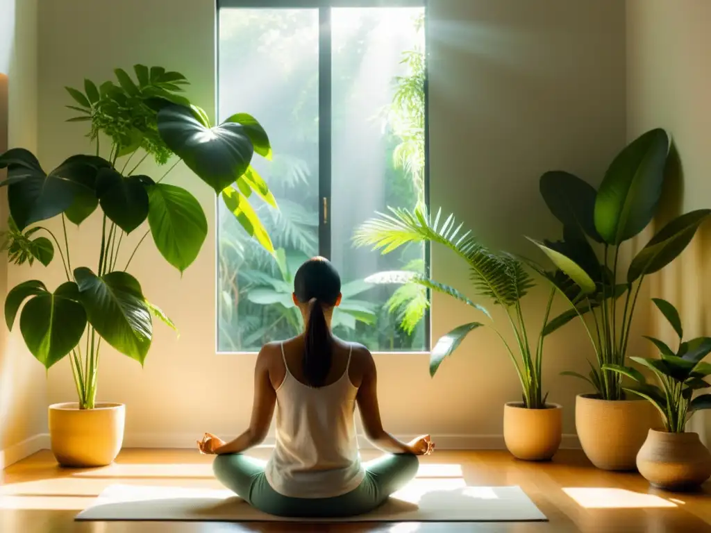 'Persona meditando en un ambiente sereno, rodeada de plantas verdes, mejora respuesta inmunológica meditación'