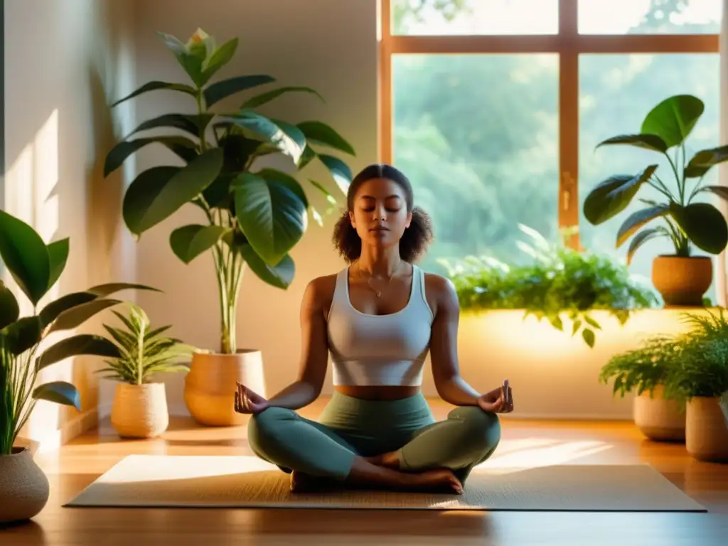 Persona meditando en un ambiente sereno y soleado, rodeada de plantas, irradiando paz y equilibrio