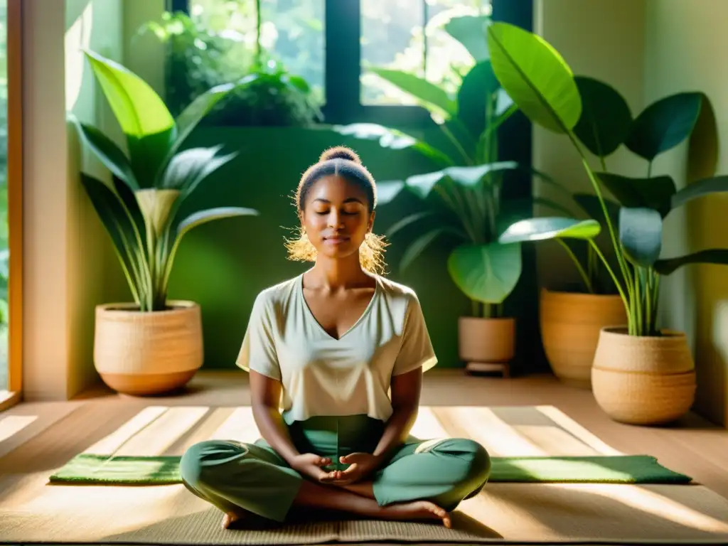 Persona en ambiente sereno y soleado, rodeada de plantas, vistiendo ropa de meditación