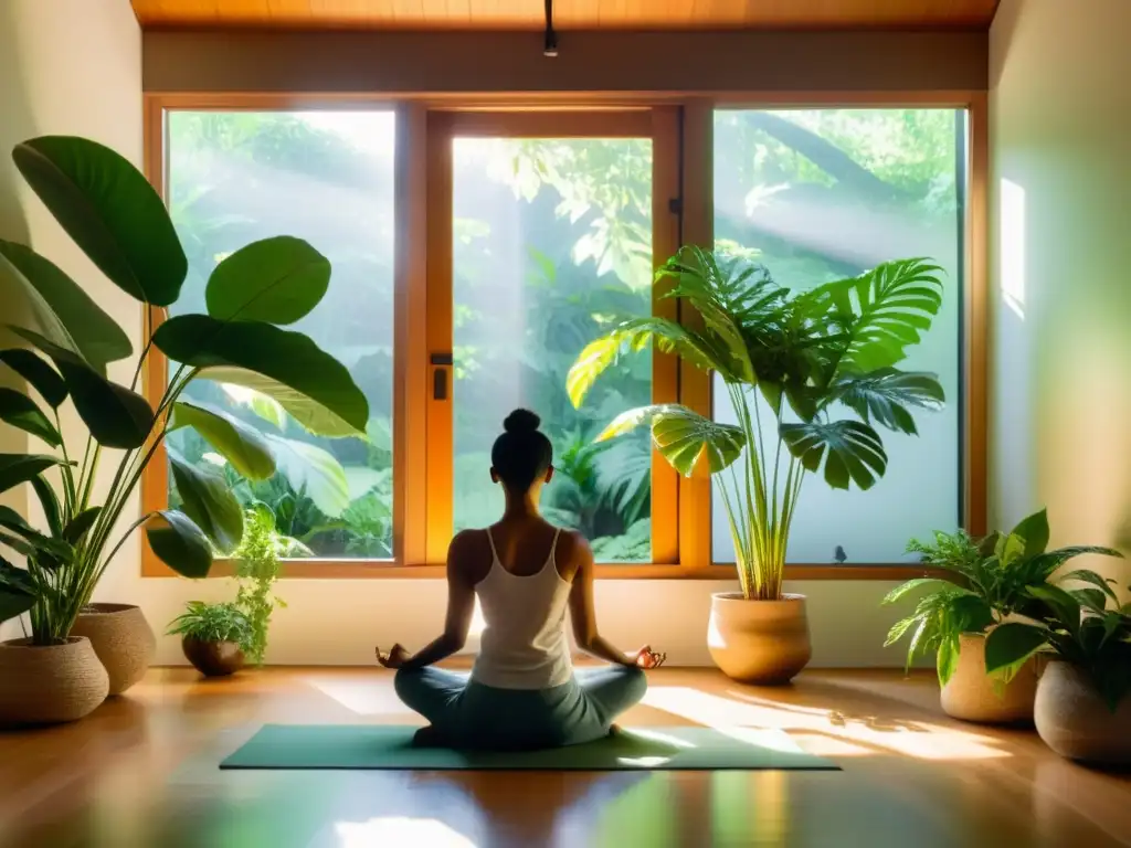Serena meditación entre plantas verdes Una persona medita en un ambiente sereno y soleado, rodeada de plantas verdes