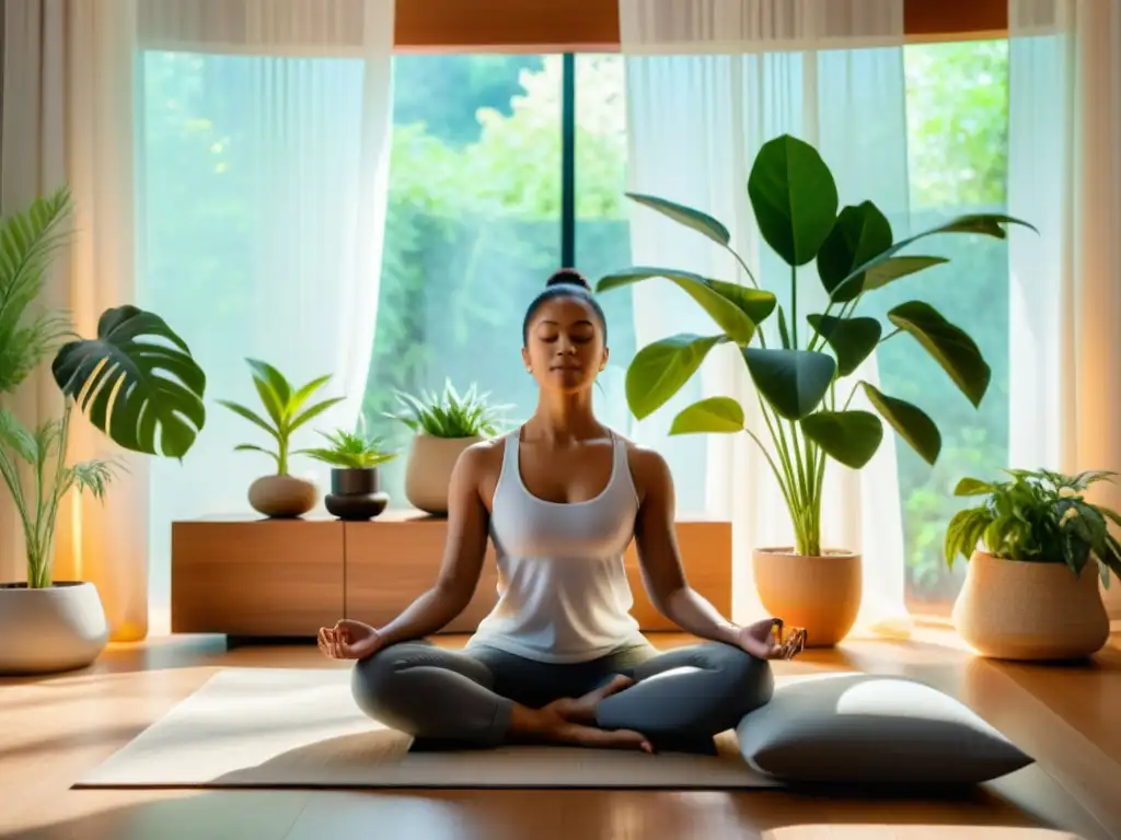 Persona meditando en un ambiente sereno, integrando mindfulness y tecnología para fortalecer el sistema inmunológico