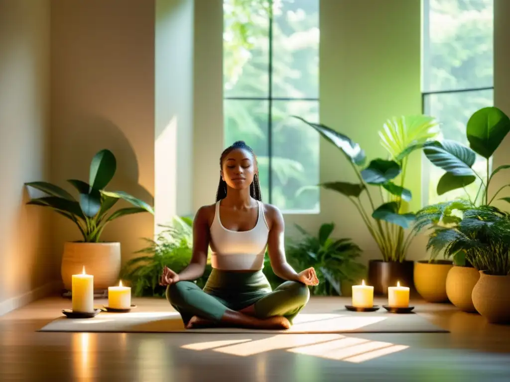 Persona meditando en un ambiente tranquilo y luminoso, rodeada de plantas verdes y velas