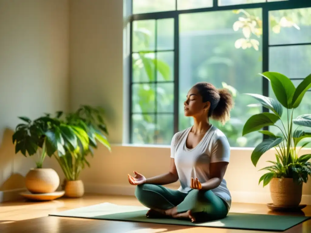 Persona en meditación, ambiente tranquilo con luz natural y plantas