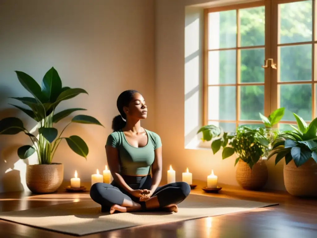 Persona meditando en un ambiente tranquilo con plantas y velas, reflejando calma y equilibrio emocional