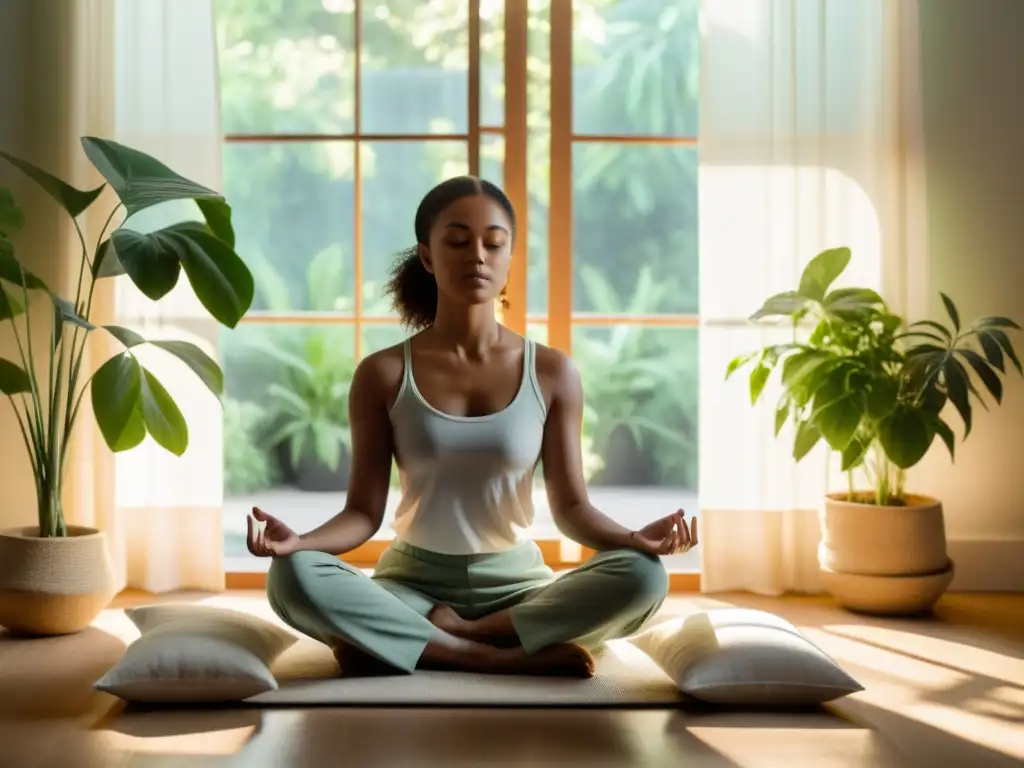 Persona meditando en un ambiente tranquilo y soleado, rodeada de plantas verdes, evocando calma y bienestar