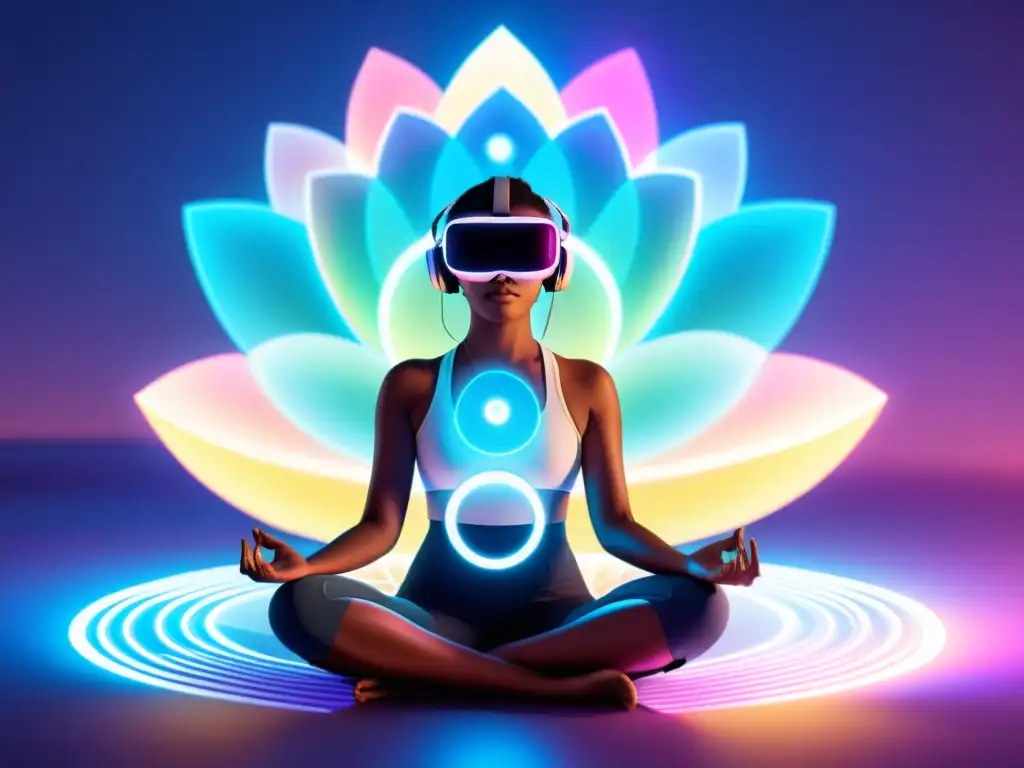 Persona meditando en ambiente virtual futurista, rodeada de formas geométricas luminosas