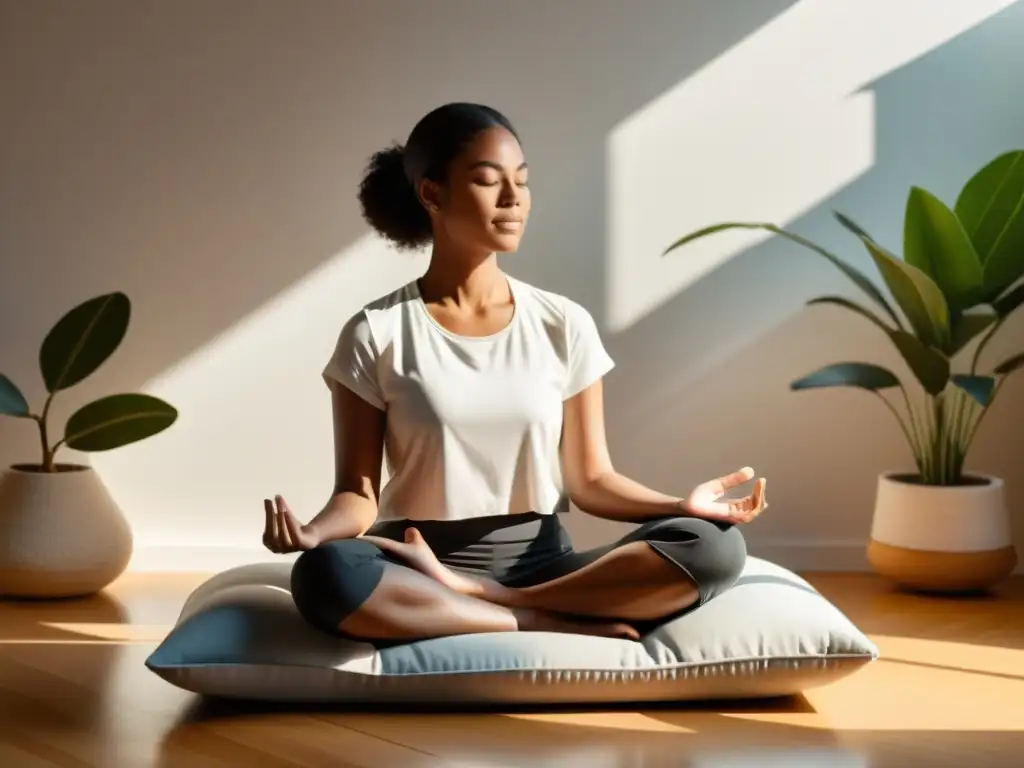 Persona meditando con app de meditación en ambiente minimalista