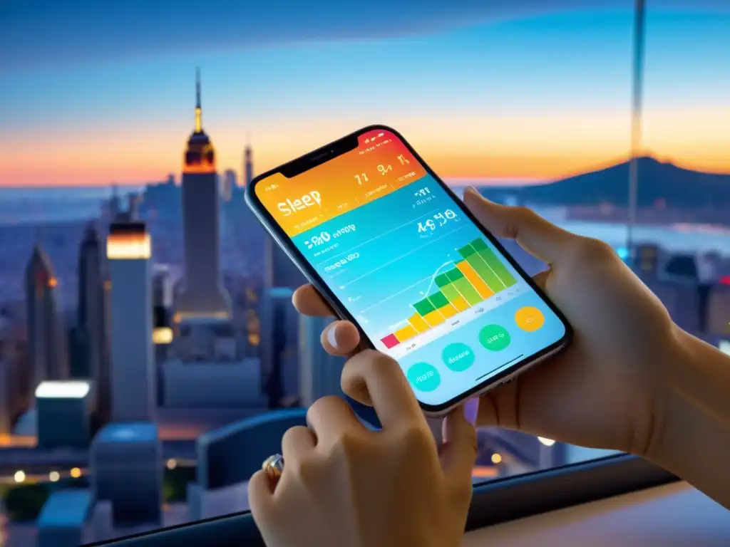 Persona usando una app para equilibrar dieta, ejercicio y descanso desde una oficina moderna con vista a la ciudad