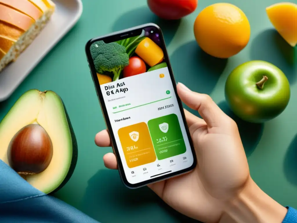 Persona usando app de dieta, mostrando errores comunes y opciones de comida saludable