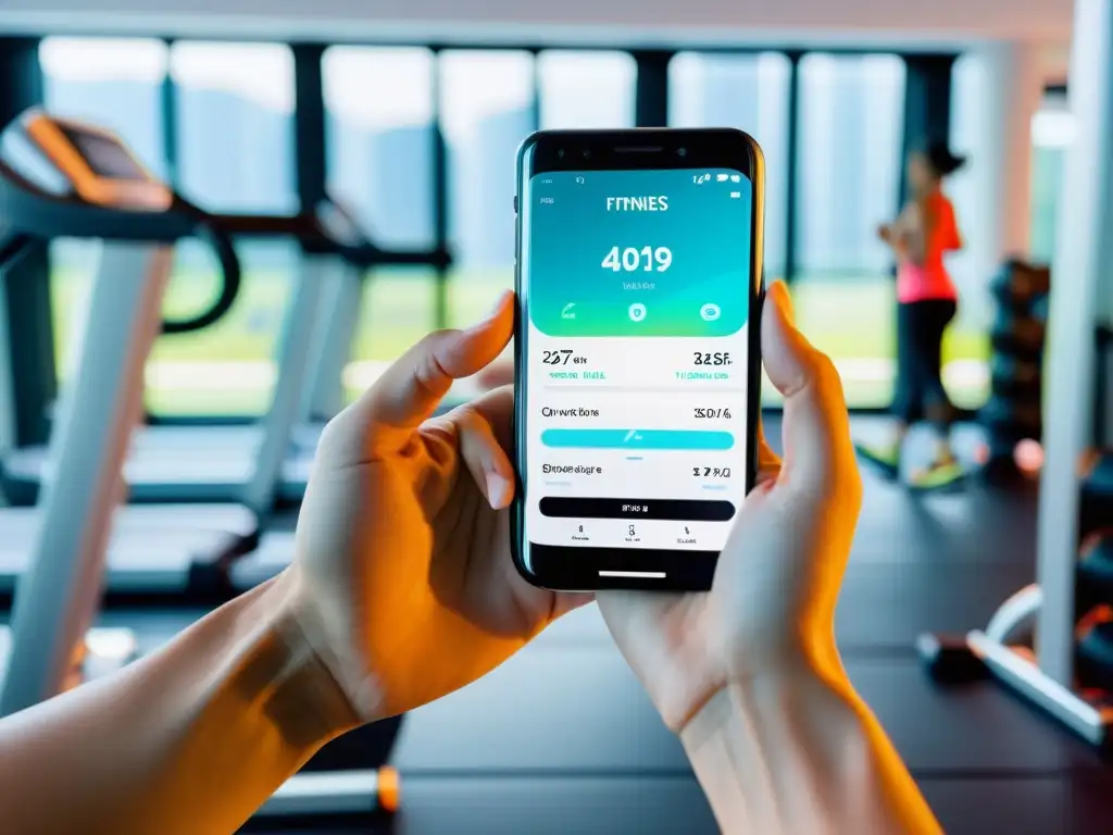 Persona usando app de ejercicio en un gimnasio moderno y luminoso