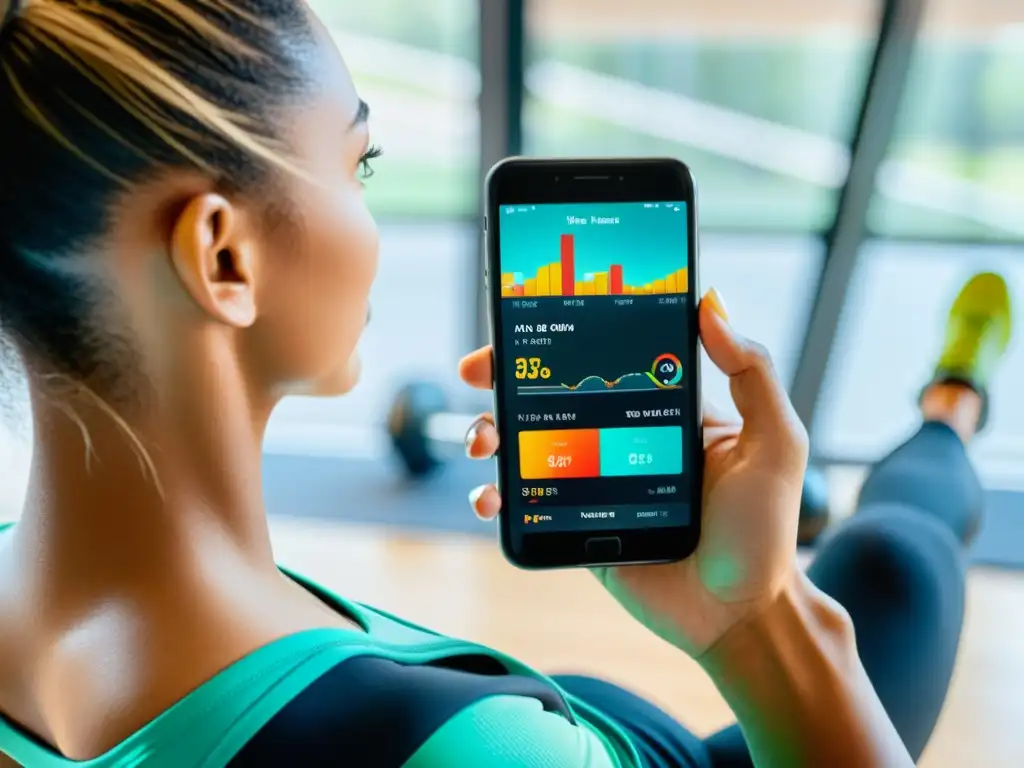 Una persona usando una app de fitness en un espacio luminoso y moderno