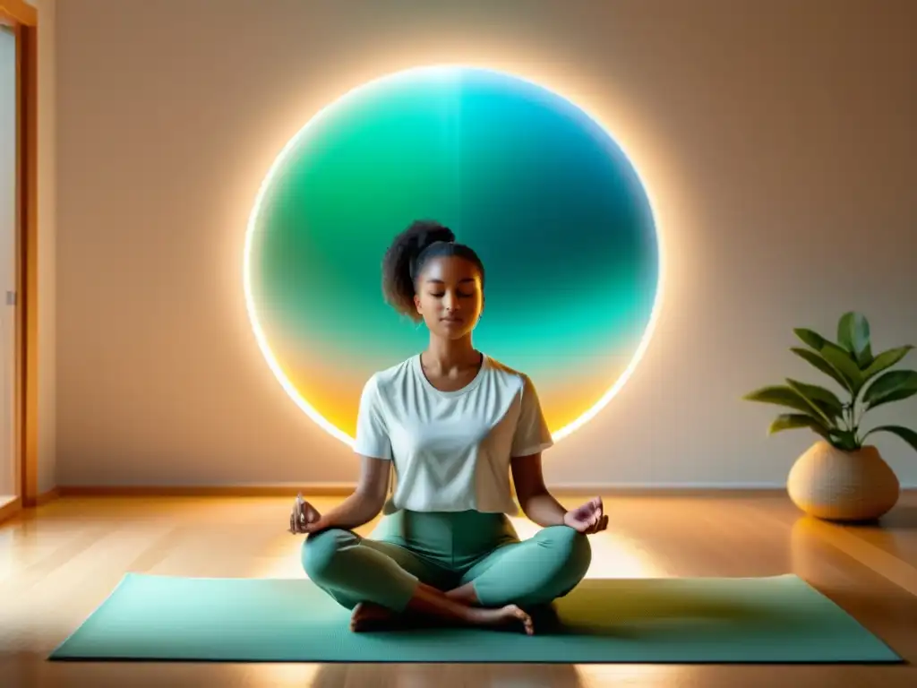 Persona meditando con app de meditación para sistema inmunológico en ambiente tranquilo y luminoso