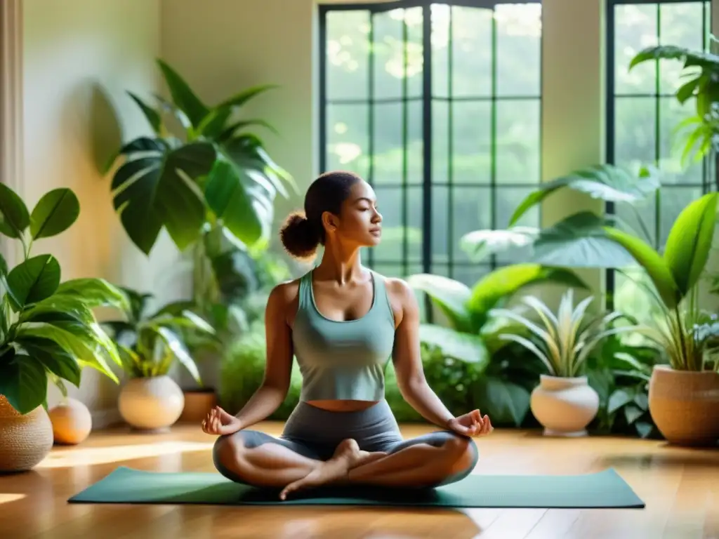 Persona en armonía practicando yoga en habitación iluminada por el sol, rodeada de plantas